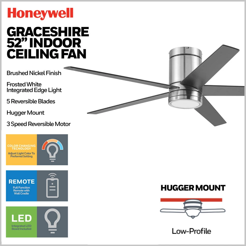 Honeywell Graceshire Indoor Ceiling Fan, Brushed Nickel, 52-Inch - 51860-01 2 Honeywell Graceshire Indoor Ceiling Fan, Brushed Nickel, 52-Inch - 51860-01 - Image 2